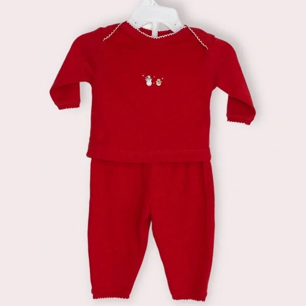 Bella Bliss Christmas pajamas red 2 piece set Snowman embroidery‎ size 3 months